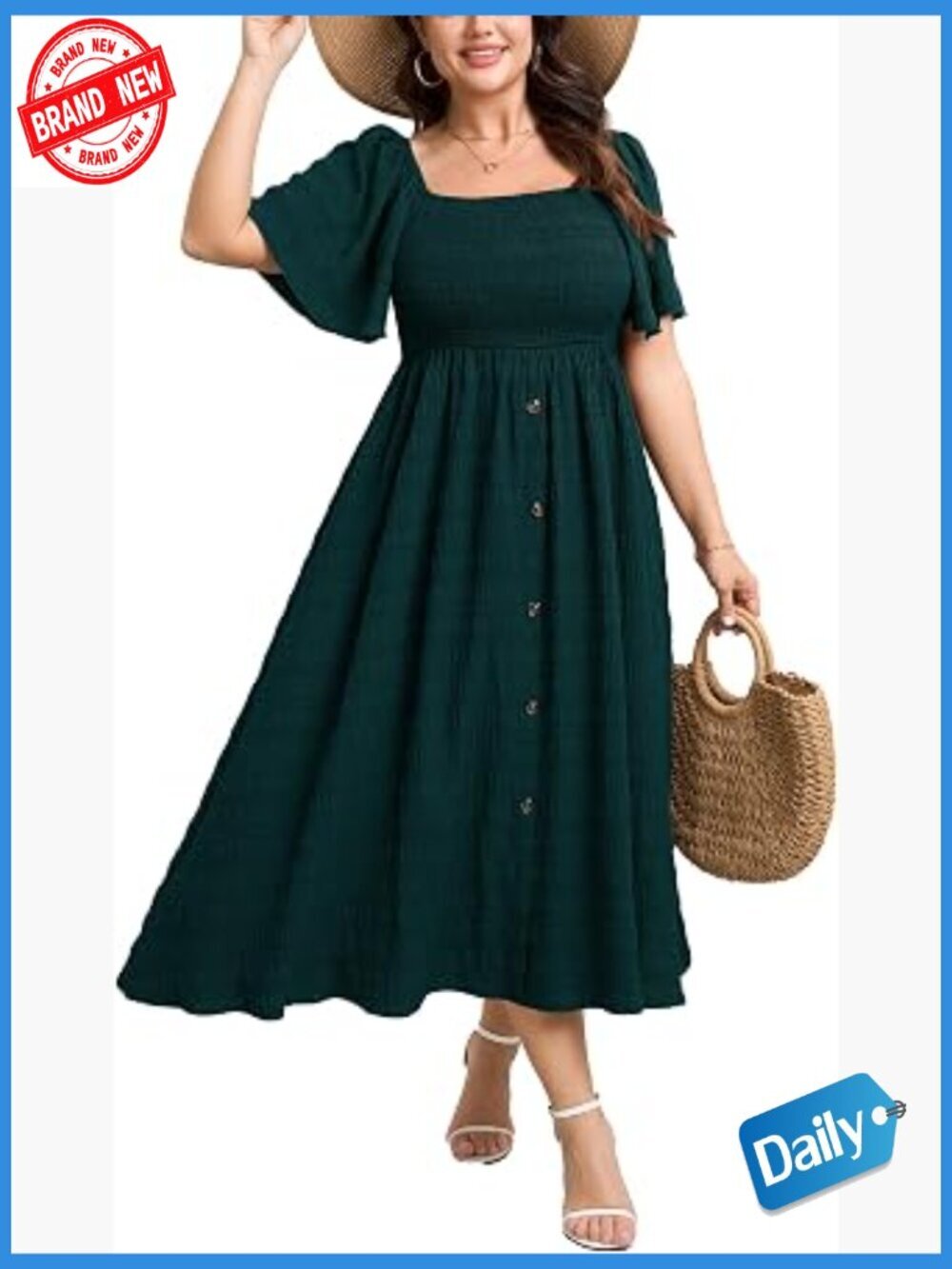Plus Size Maxi Boho Dress Square Neck Smocked Short Sleeve Button Down